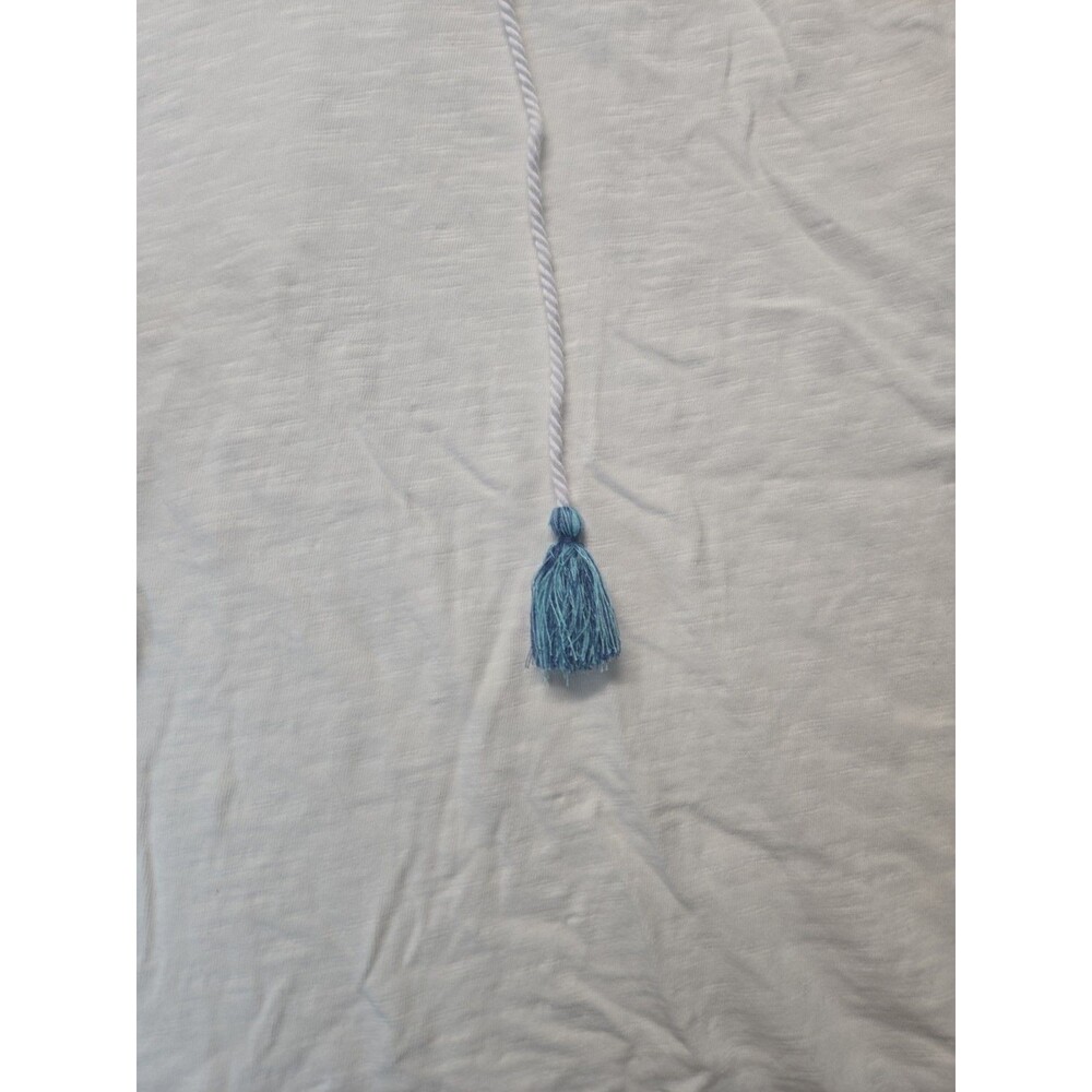 Chico's Peasant Blouse Womens Embroidered Top Size 1 White Blue Tie Neck Tassels - Picture 2 of 7